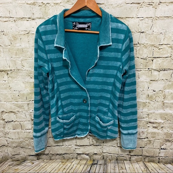 Daytrip Green Striped Cotton Button Sweatshirt Blazer Jacket - Picture 1 of 6